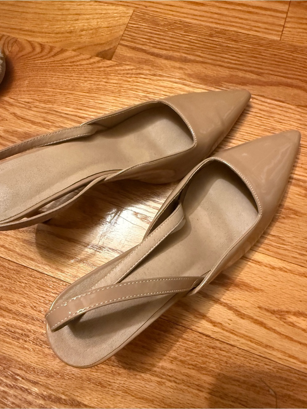 Patent Pointed-Toe Slingback Flats in Beige